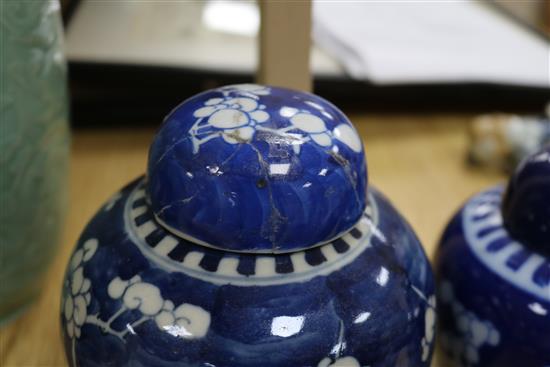 A Chinese blue and white dragon vase, a figure, two jars, teabowl and a famille verte vase